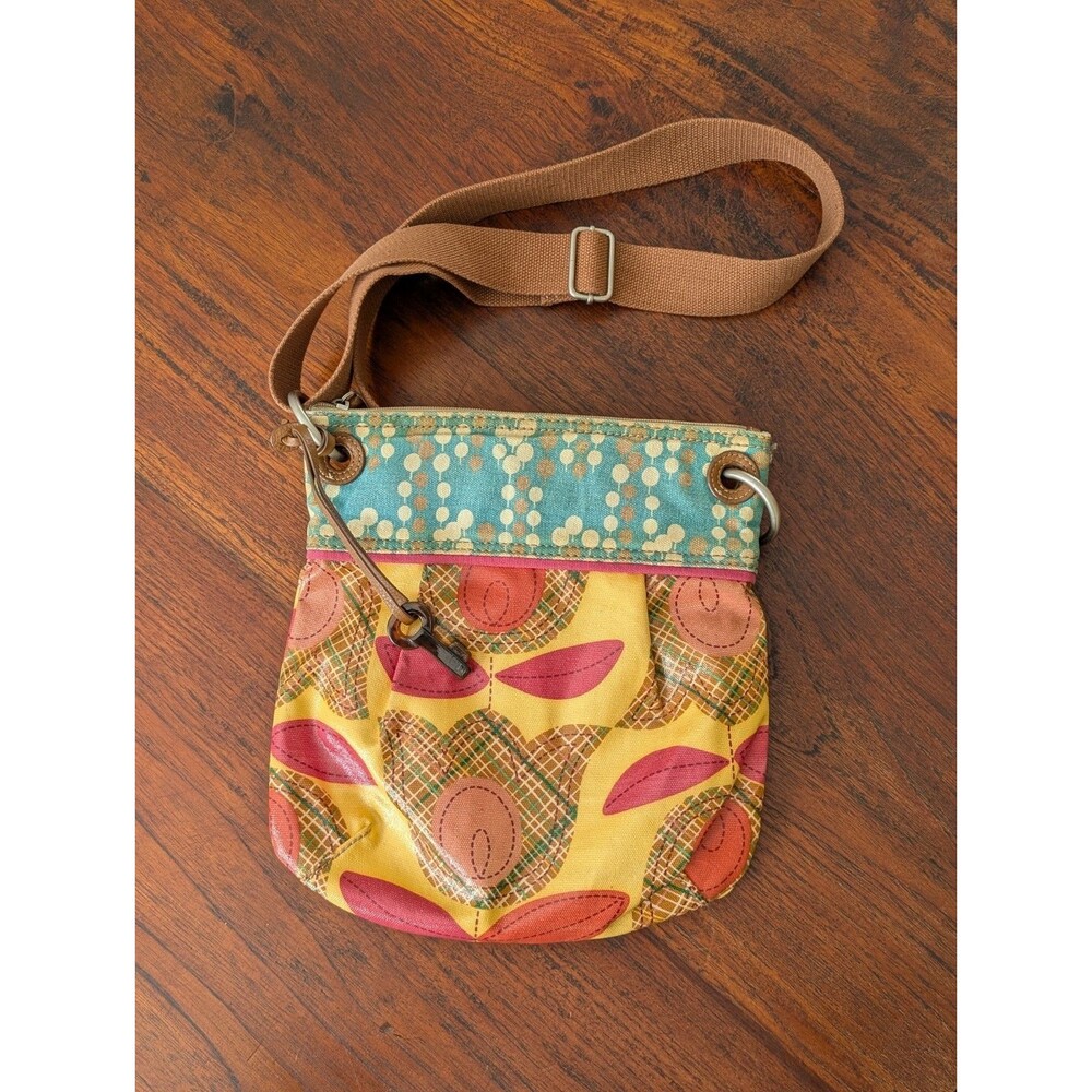 Vintage Fossil Key Per Felicity Coated Canvas Crossbody Bag Purse Leather Trim